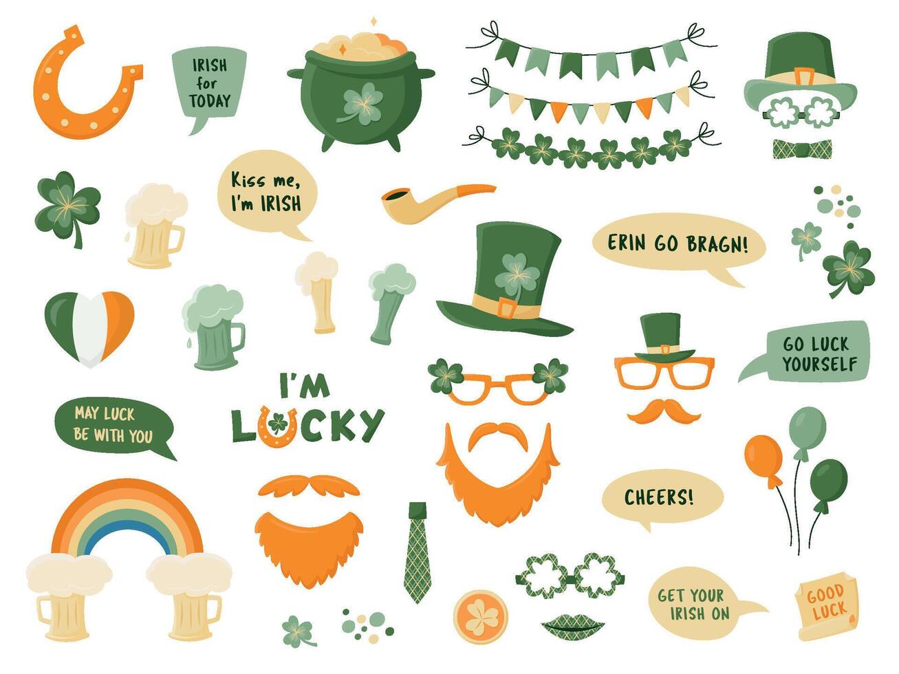 Photo booth props for St Patrick's day isolated on white. Photobooth vector set in green and orange. Hat, glasses, beer, garlands, pot, coins, rainbow, horseshoe, clover,  bubbles with funny quotes