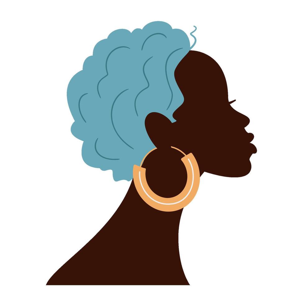 Beautiful African woman silhouette with big traditional earrings. Black afro woman vector isolated on white background