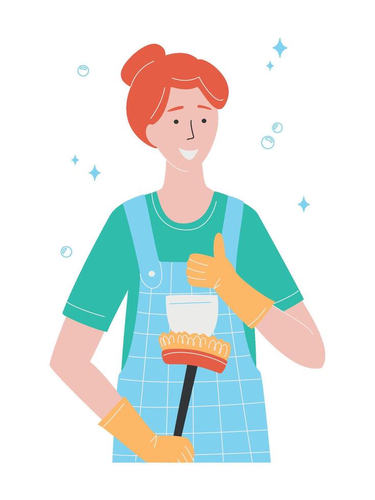 Cleaning service concept, girl in apron and rubber gloves, smiling positive doing happy thumbs up gesture with hand. Health protection vector