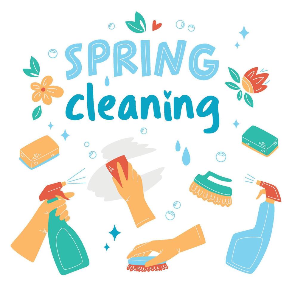 Spring cleaning concept. Hand drawn bucket with cleaning supplies, bottles, brush, spray, sponge, gloves. Housework concept. Various Cleaning items. Isolated Vector illustrations