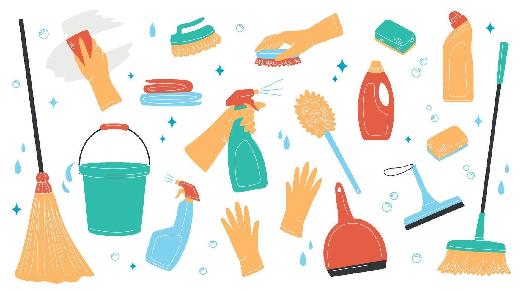 Hand drawn set of cleaning supplies, bottles, brush, spray, sponge, gloves. Housework and cleaning concept. Various Cleaning items. Isolated Vector illustrations