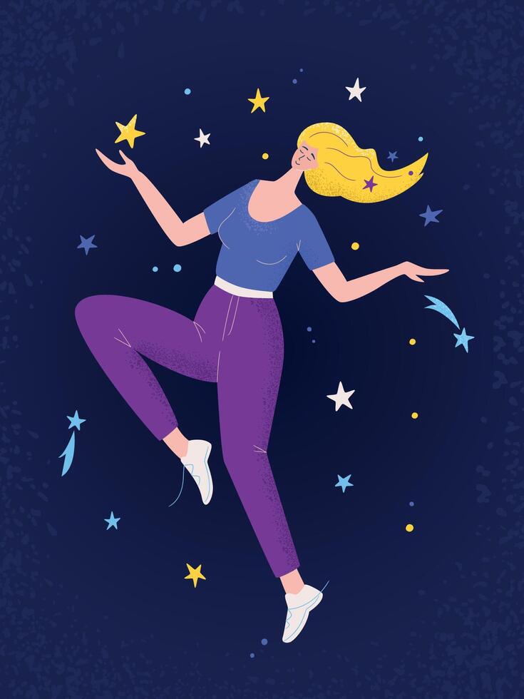 mujer soñando y bailando en noche cielo y estrellas. moderno plano personaje. mujer con sueño universo. vector ilustración
