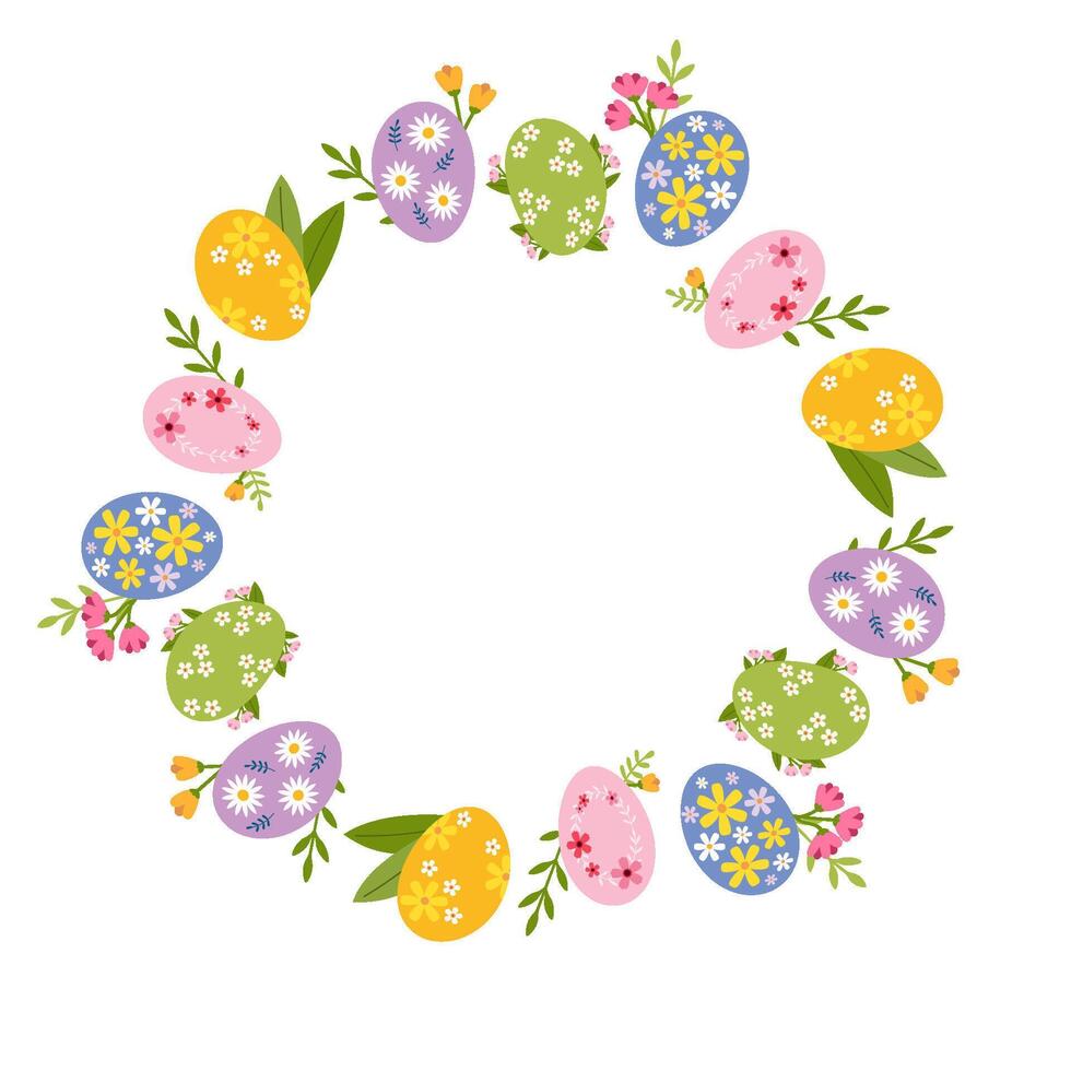 Easter round frame with copy space for text. Abstract background made of Easter eggs and flowers. Vector illustration