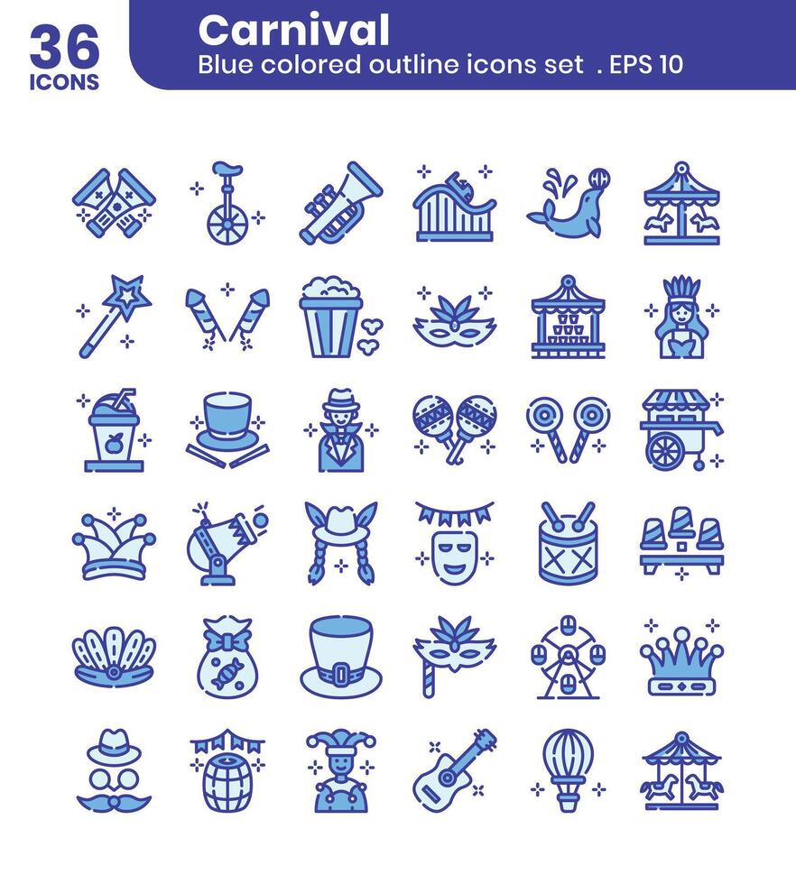 Carnival blue color outline icons set vector
