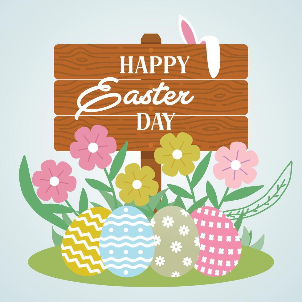 Pascua de Resurrección día con madera junta, conejito, flores, y huevos antecedentes. vector ilustración.