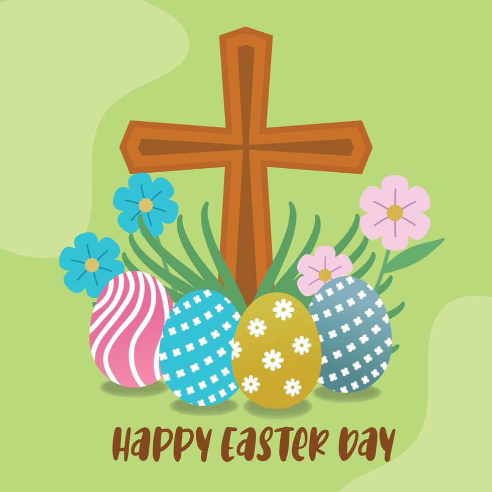 Easter Day with Christian cross, flowers, and eggs background. Social media post. vector