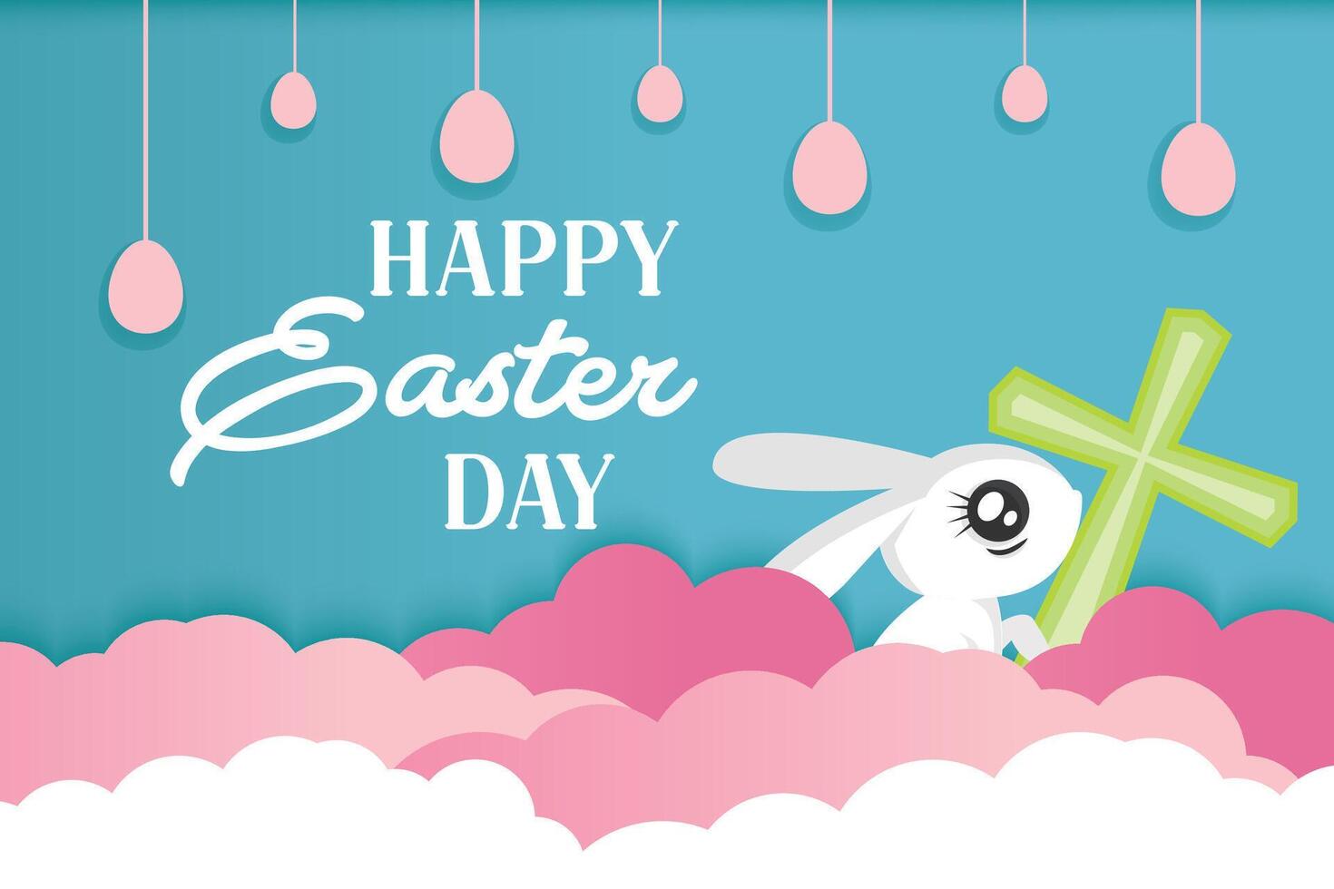 Easter Day greeting card in paper-style blue and pink colors vector