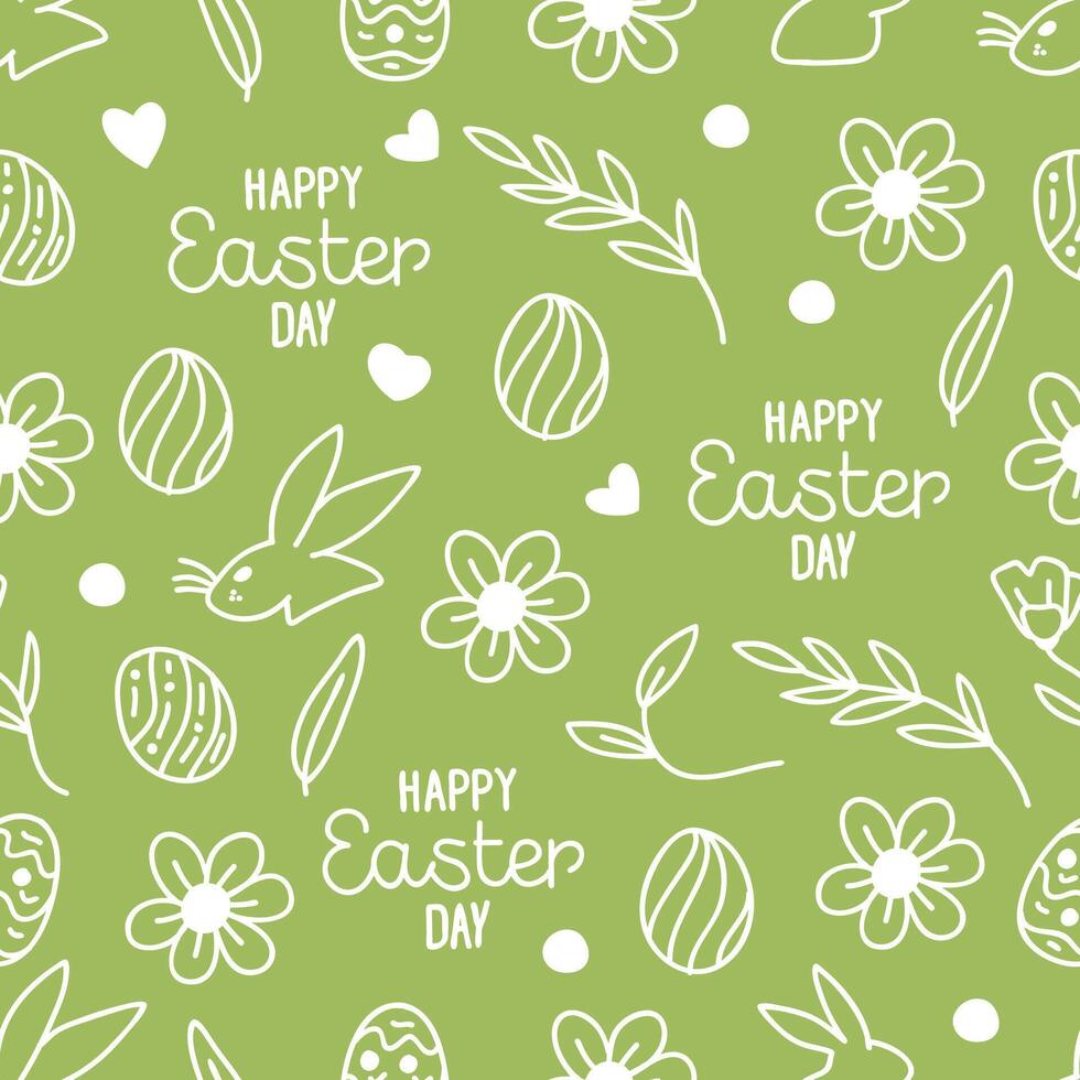 Seamless hand-drawn Easter Day pattern on a green background. vector