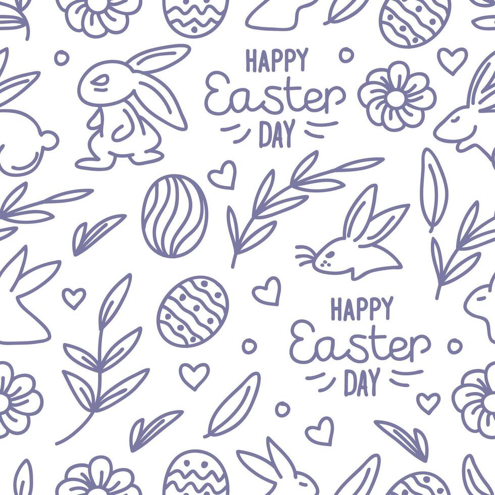 Seamless hand-drawn pattern of rabbits, bunnies, eggs, hearts, flowers, and leaves on a white background. Vector illustrations.