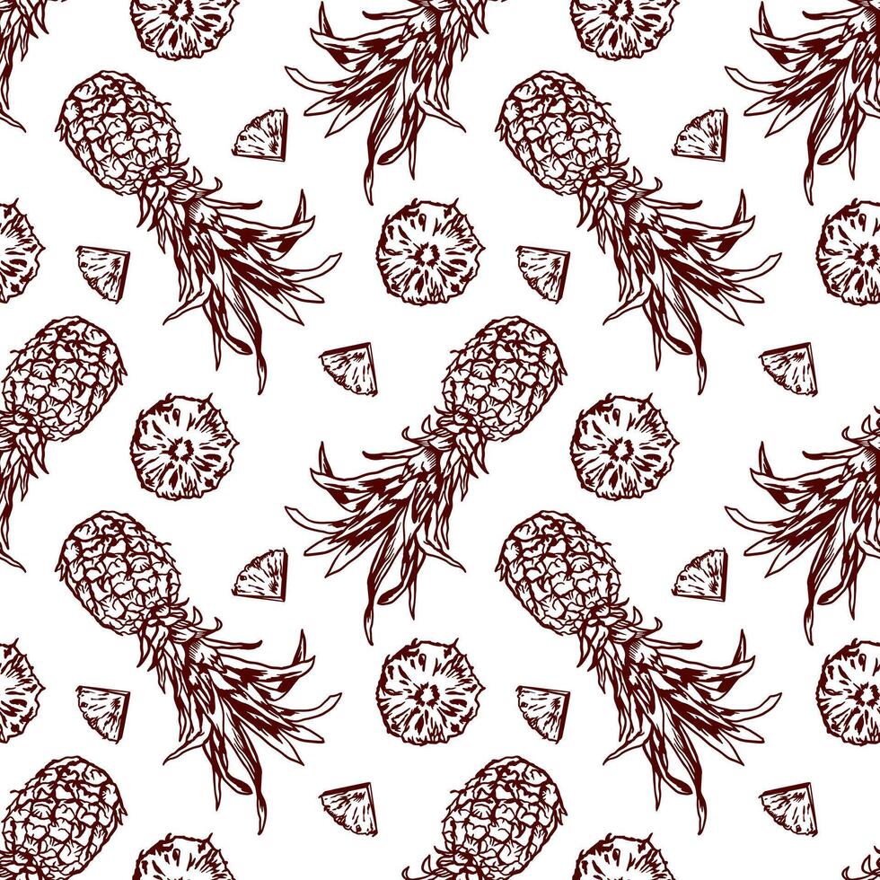 Pineapple graphics, seamless pattern. Whole fruit and slices. Vector illustration. Design element for clothing, wrapping paper, wallpaper, textile, fabric, cards, covers.
