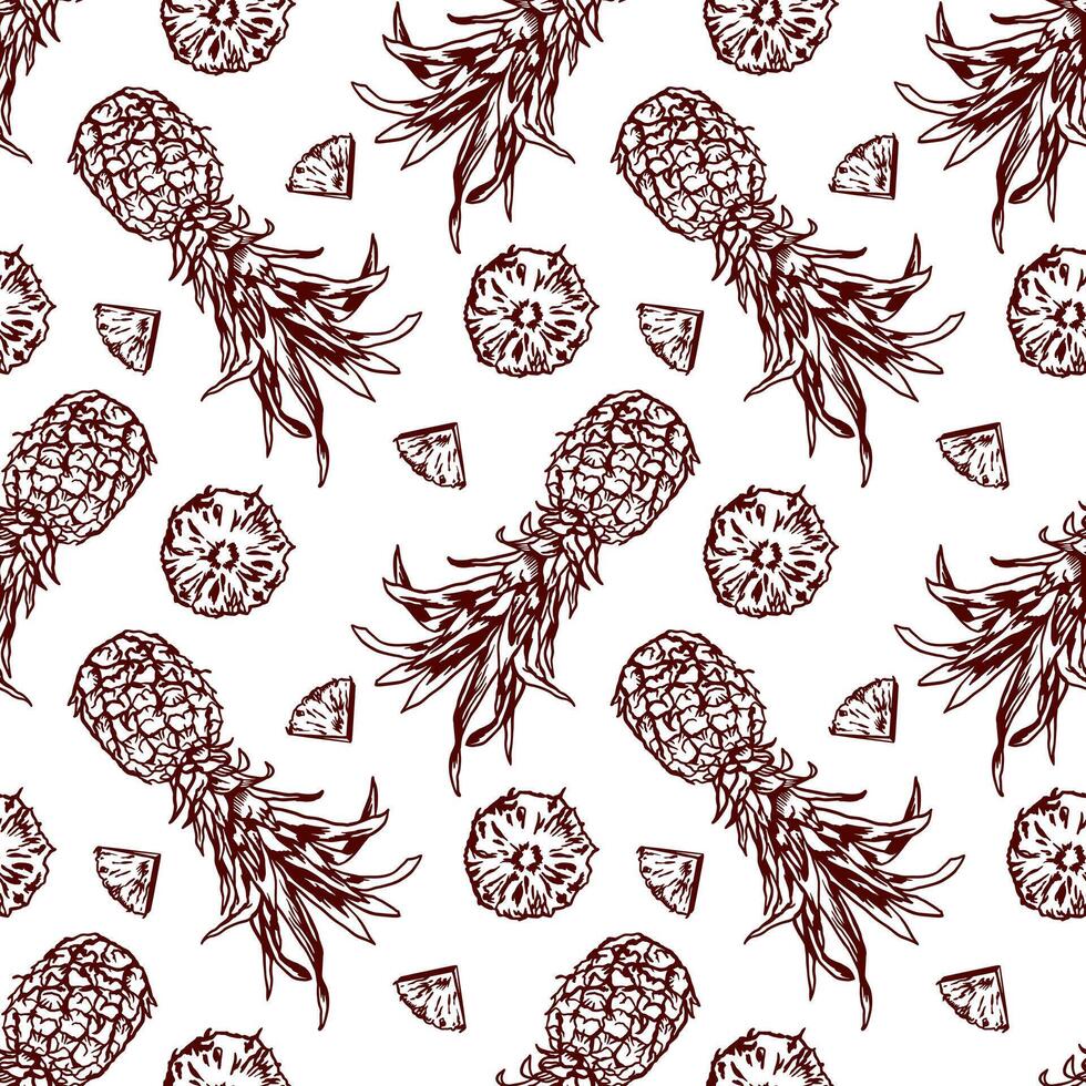 Pineapple graphics, seamless pattern. Whole fruit and slices. Vector illustration. Design element for clothing, wrapping paper, wallpaper, textile, fabric, cards, covers.