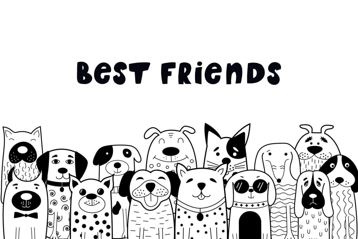 Black and white card with doodle dogs. vector