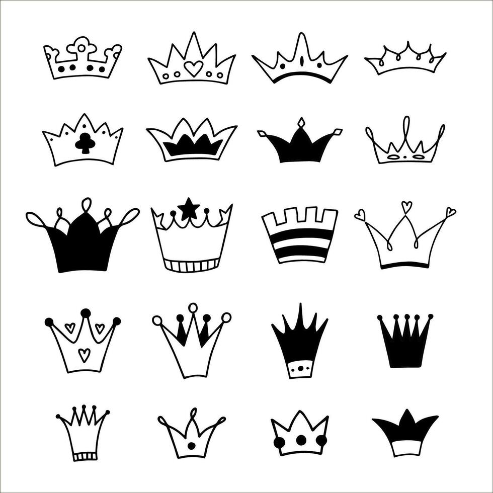 Big set of hand drawn crowns. vector