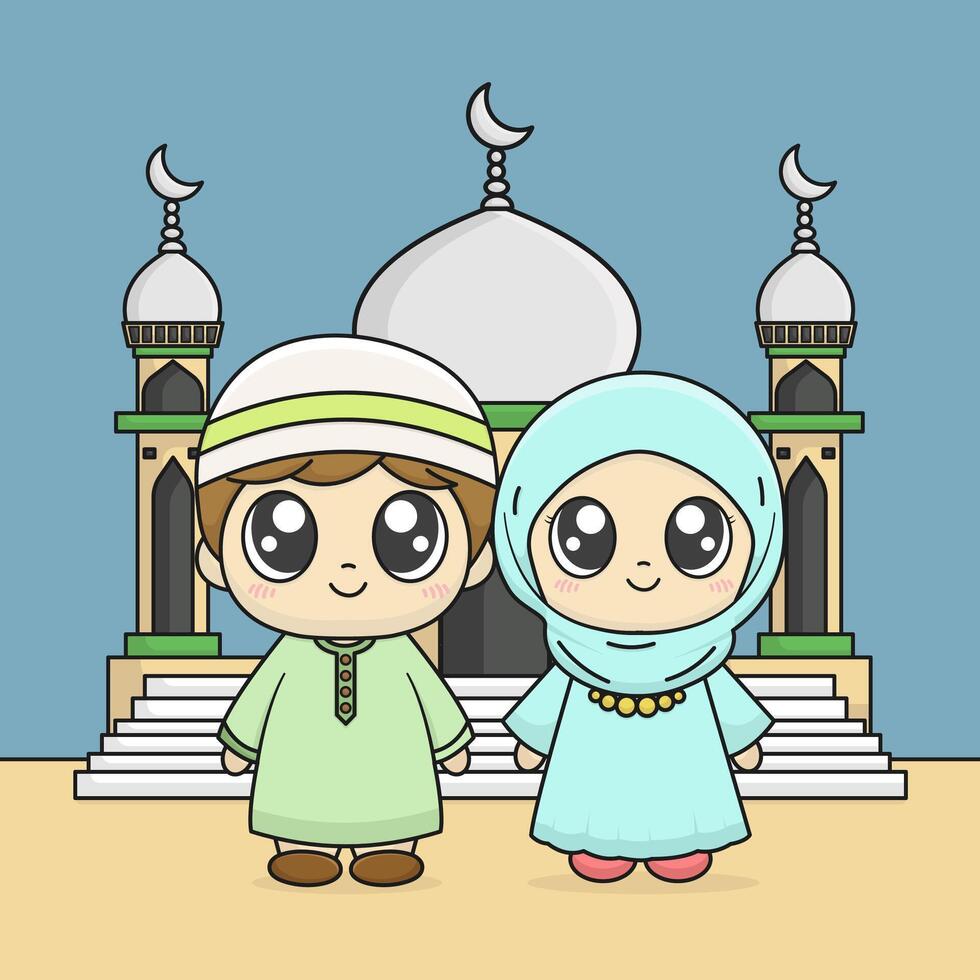 cute muslim couple cartoon vector