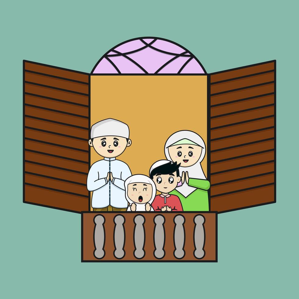 cute muslim family greeting behind the window vector