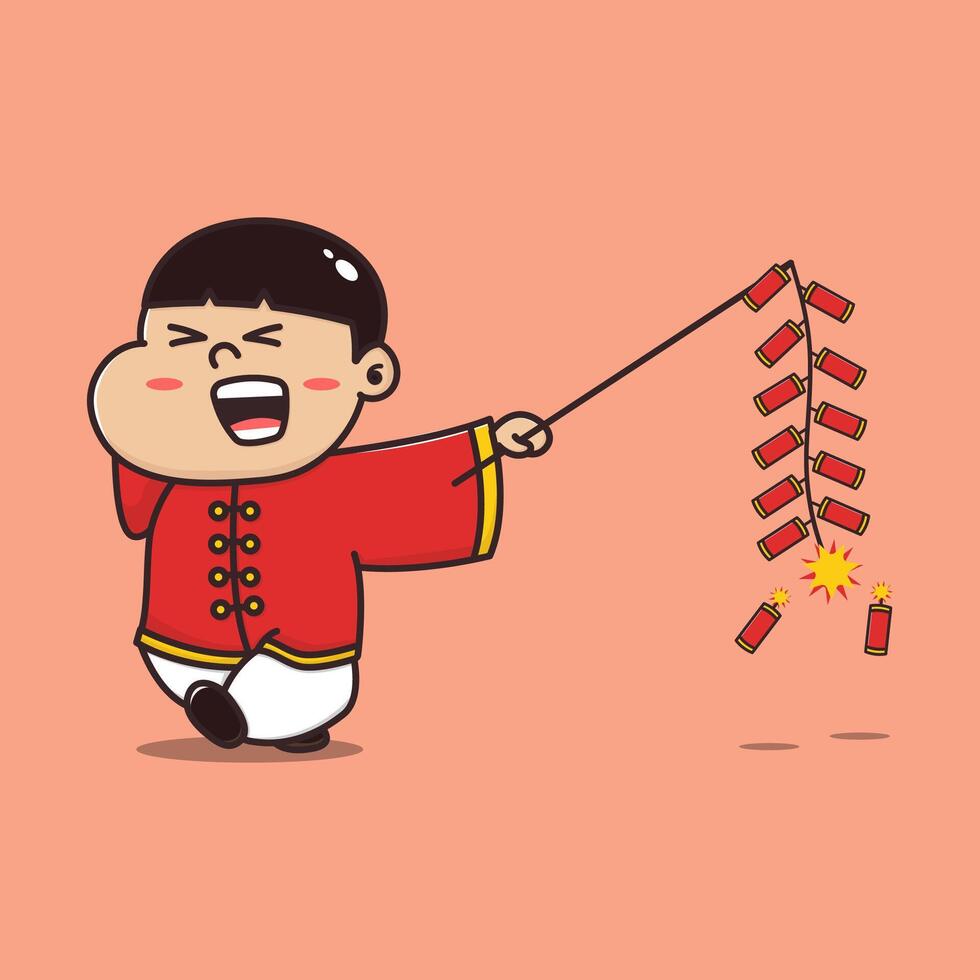 Cute cartoon chinese new year boy playing fire cracker vector