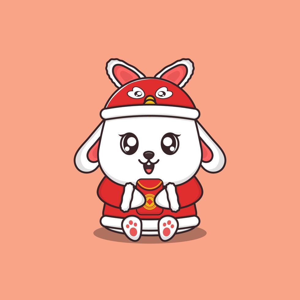 Cute cartoon chinese new year rabbit in winter outfit holding red packet vector