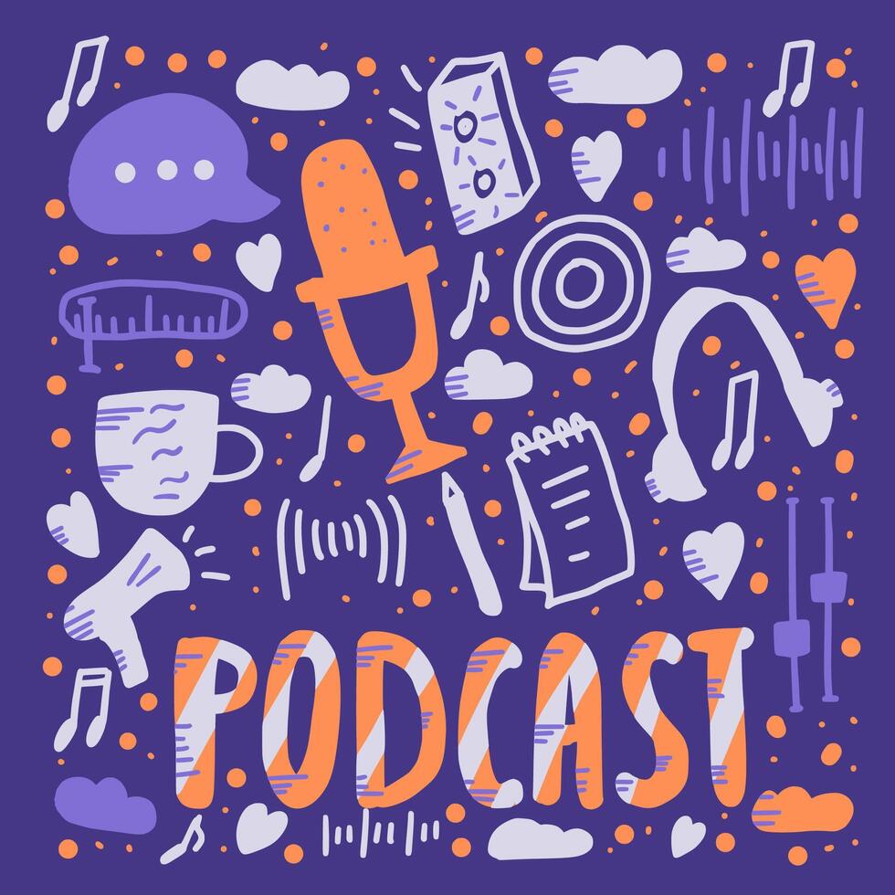 Podcast lettering with decoration. Vector design.