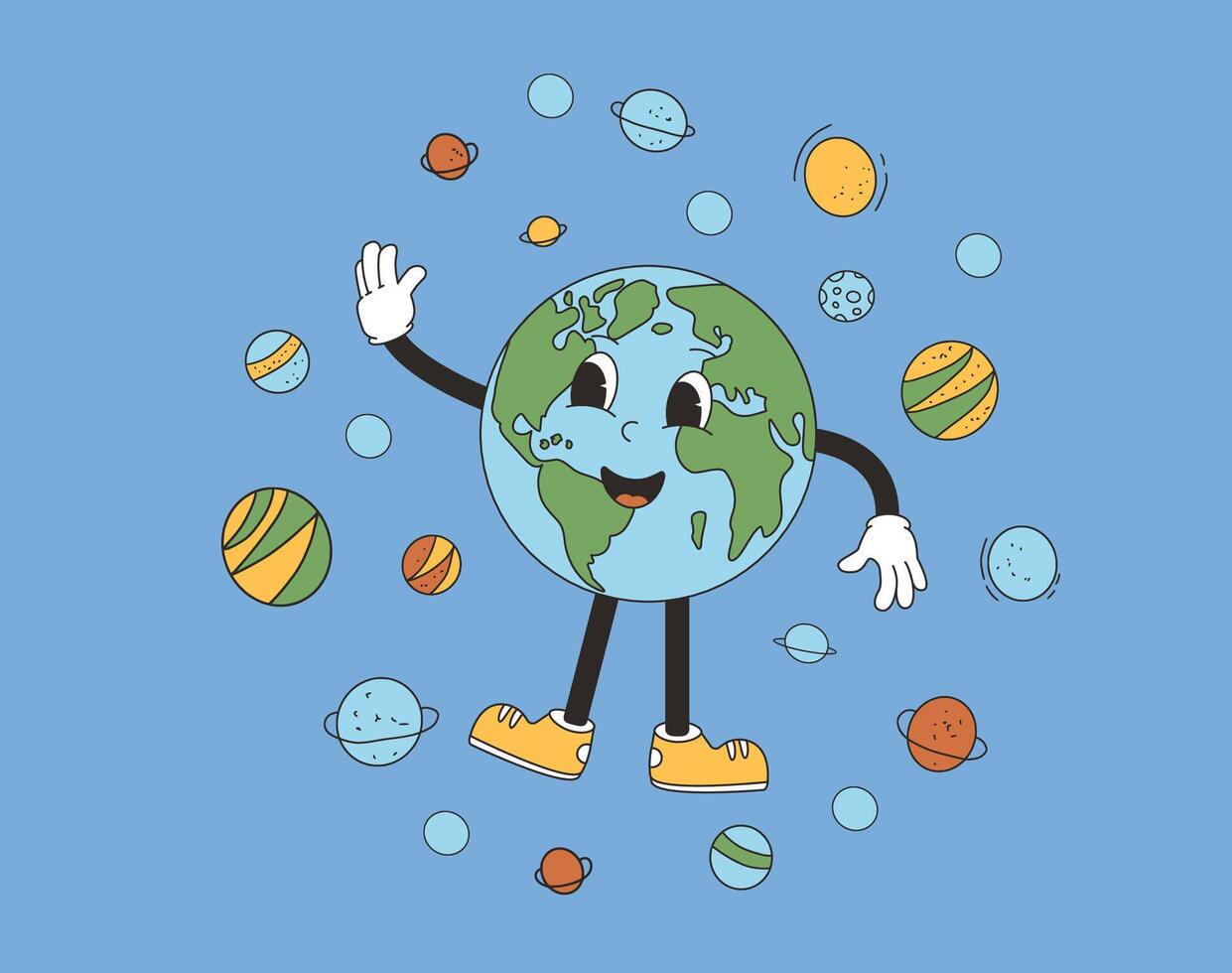 tierra dibujos animados personaje ondulación su mano en retro estilo. sonriente nuestra planeta personaje en universo cosmos. vector ilustración.