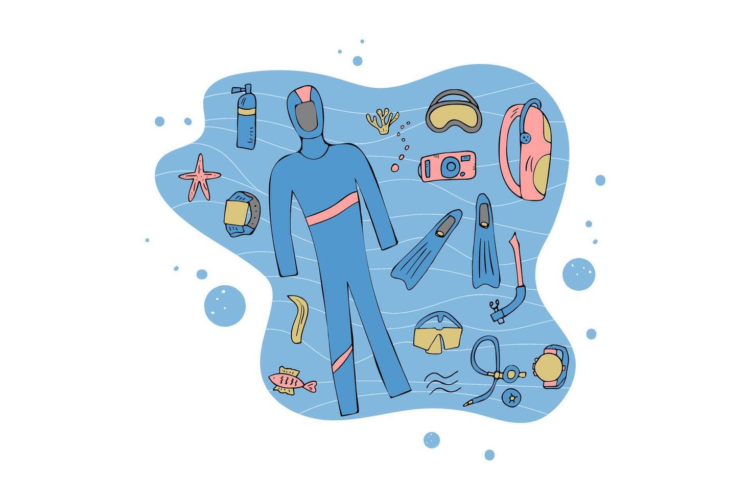 Scuba diving set of elements  and equipment. vector