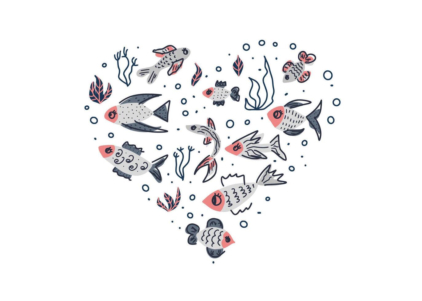 Vector fish collection isolated in doodle style.