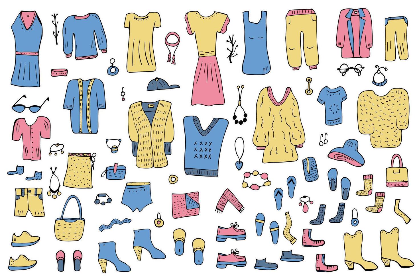 Woman clothes and accessories set in doodle style. vector