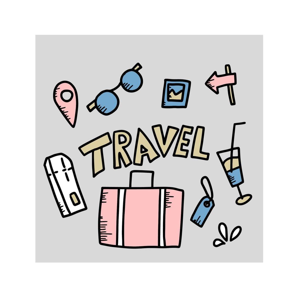 Set of travel doodle symbols in vector. vector