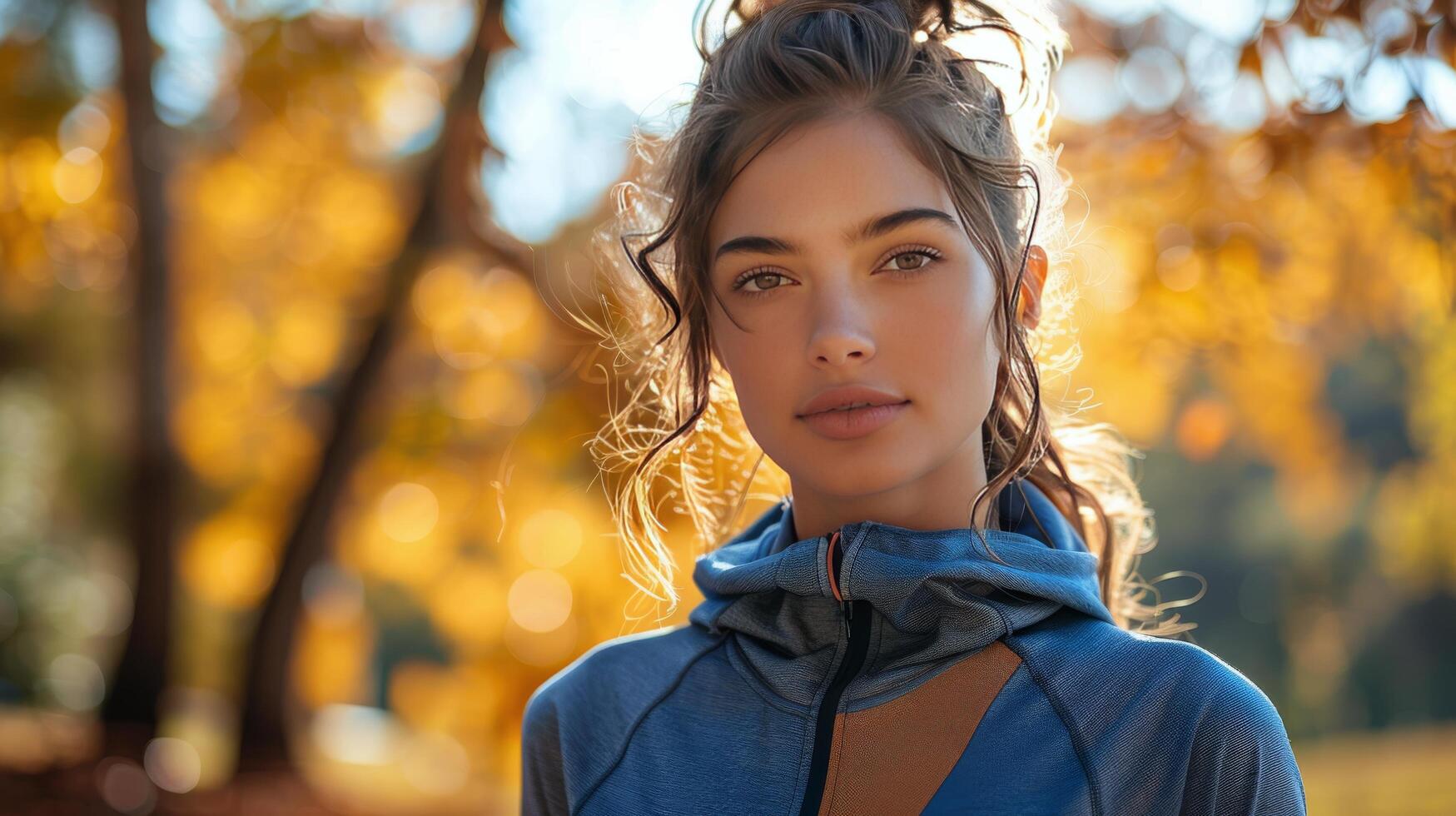 AI generated Woman in Blue Jacket Standing in Front of Tree photo