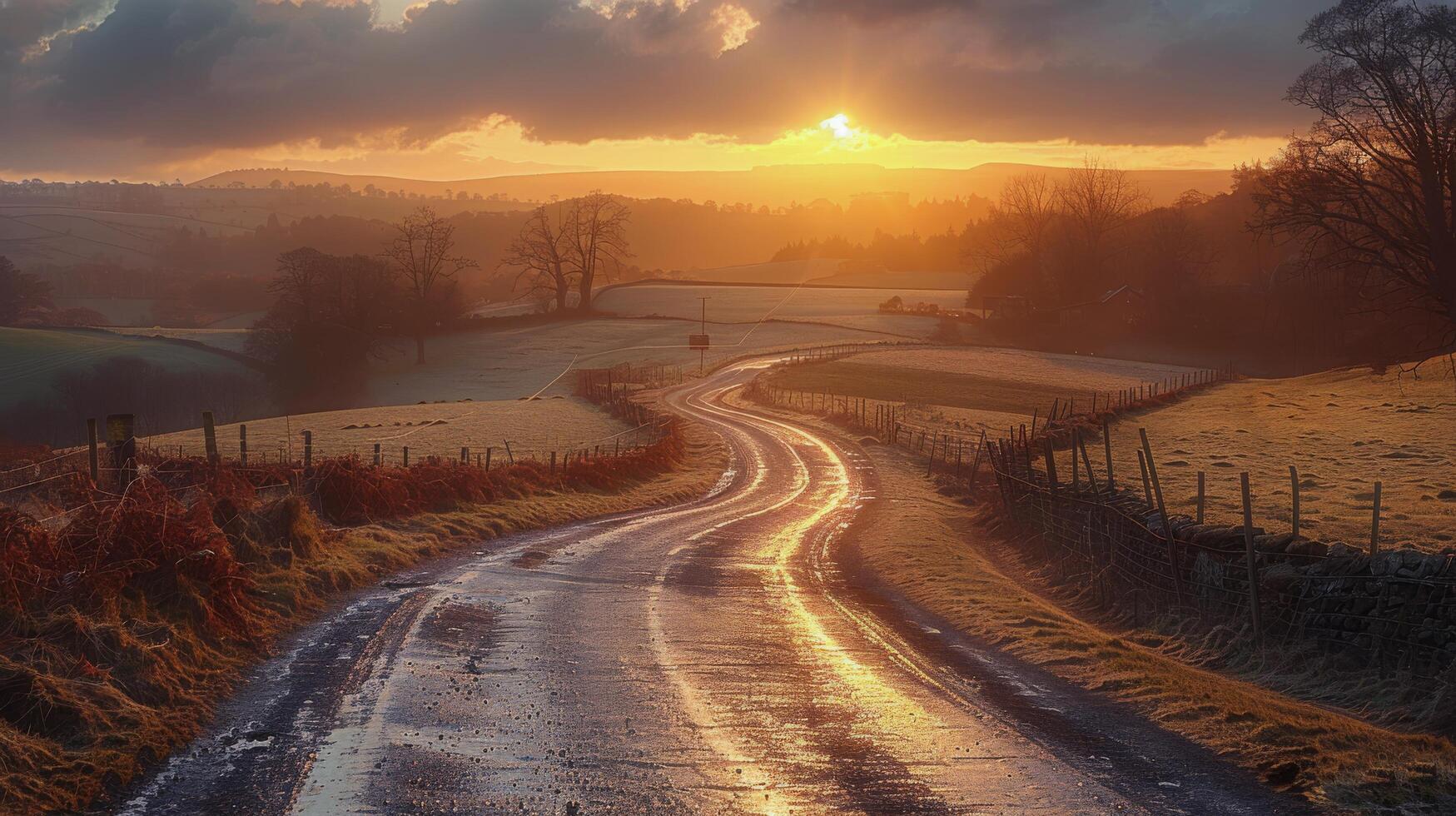 AI generated Dirt Road Cutting Through Lush Green Field photo