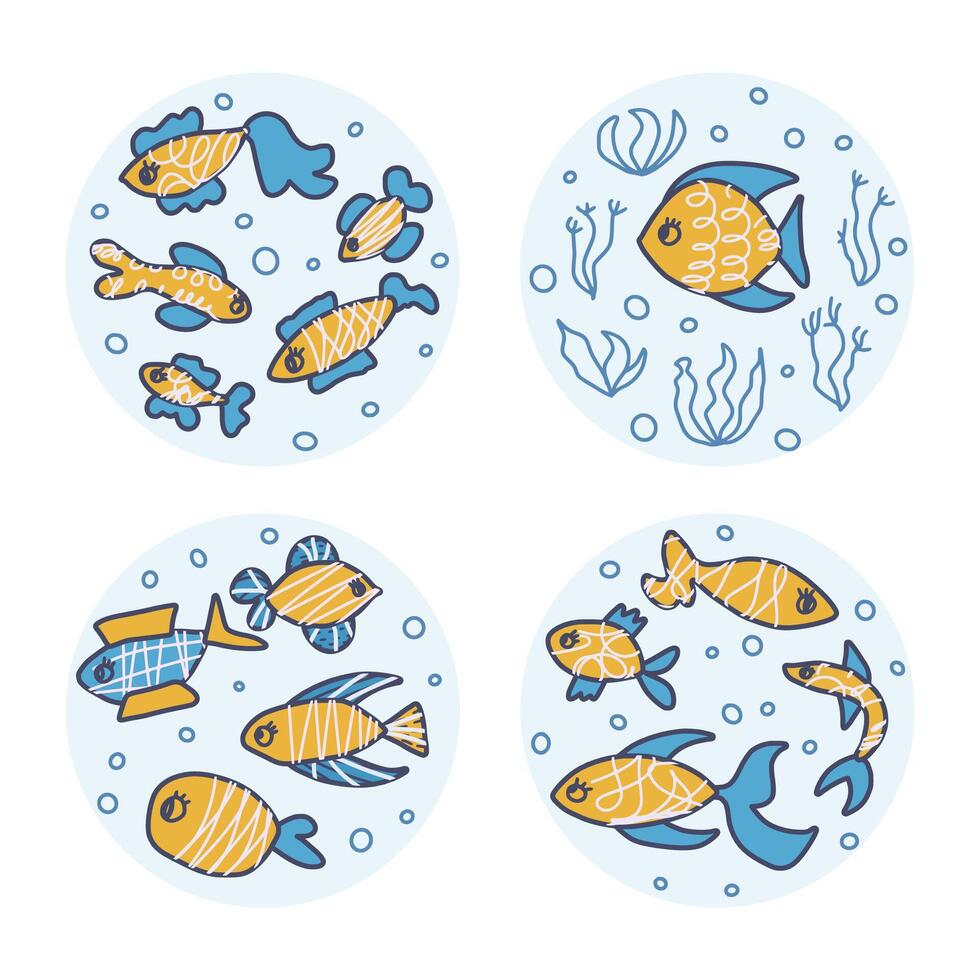 Vector fish collection isolated in doodle style.