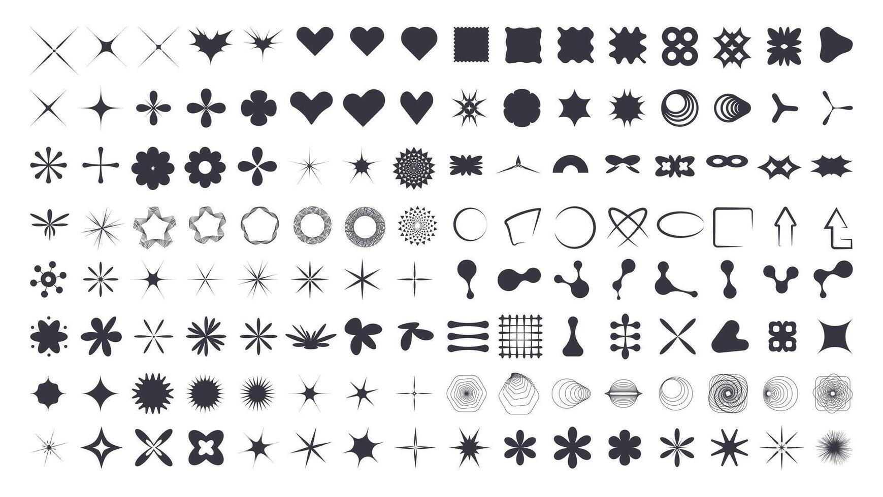 Y2k elements set. Collection of different shapes for design. Hearts, stars, flowers and abstract geometric forms. Vector figures isolated on white background illustration.