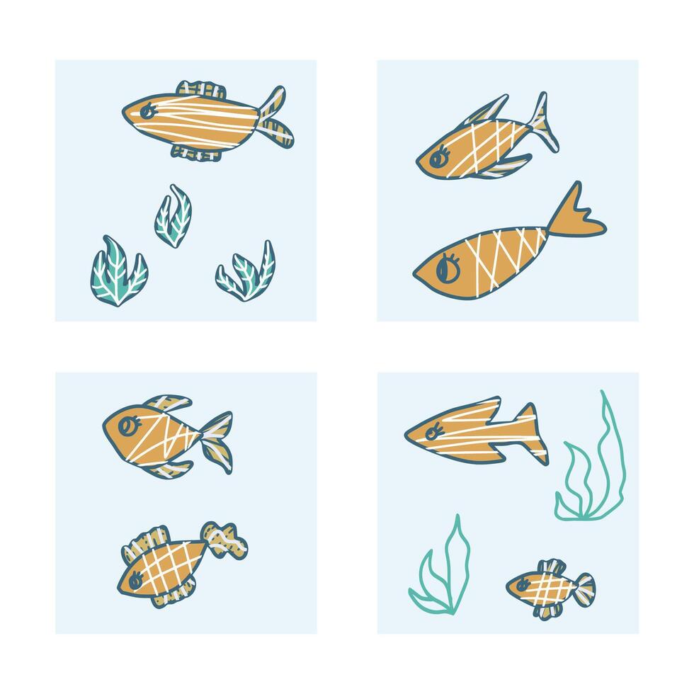 Vector fish collection isolated in doodle style.