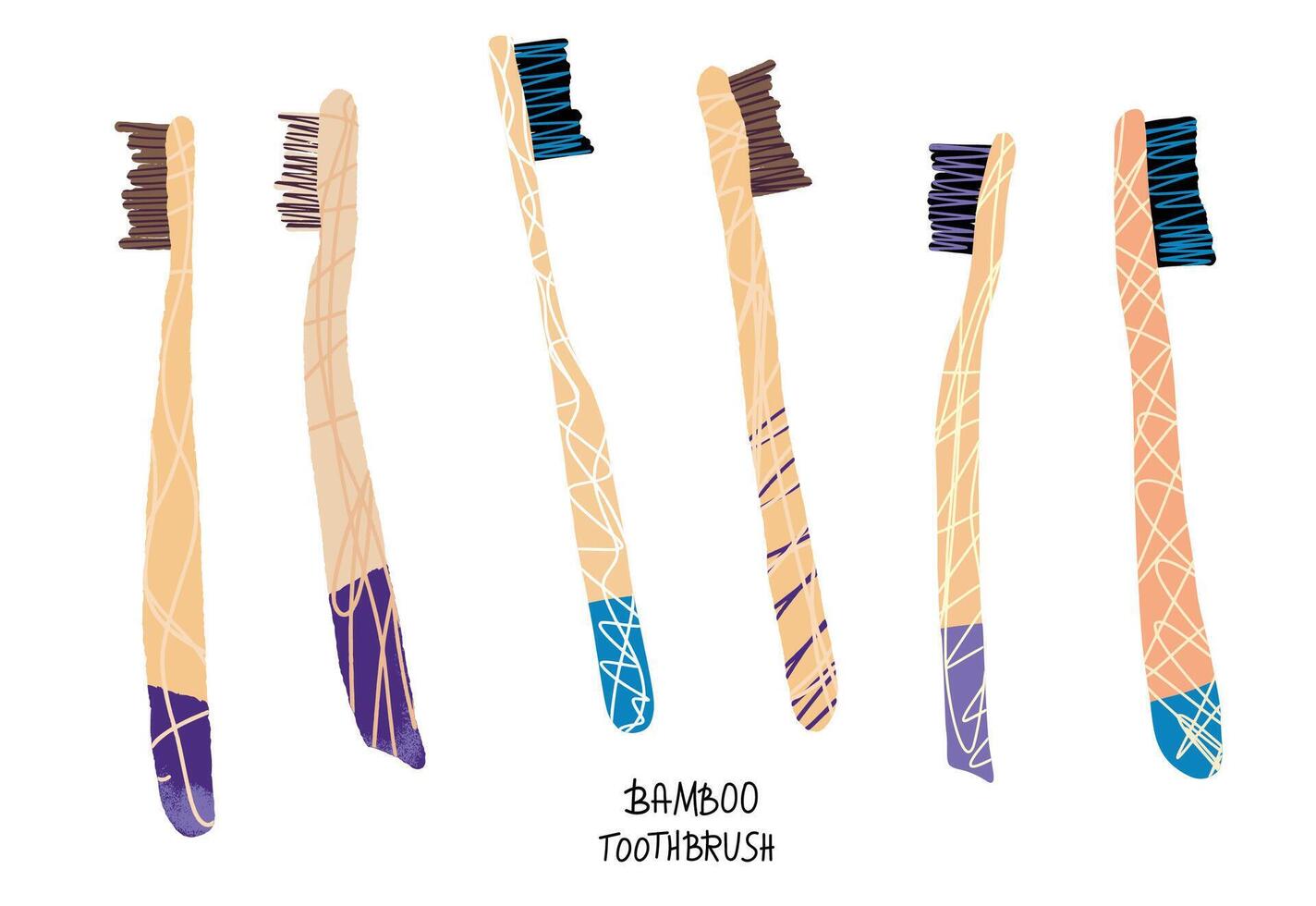 Bamboo tooth brushes set. Vector illustration.