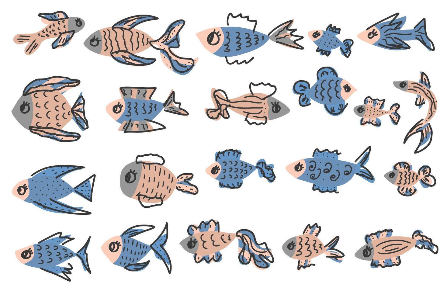 Vector fish collection isolated in doodle style.