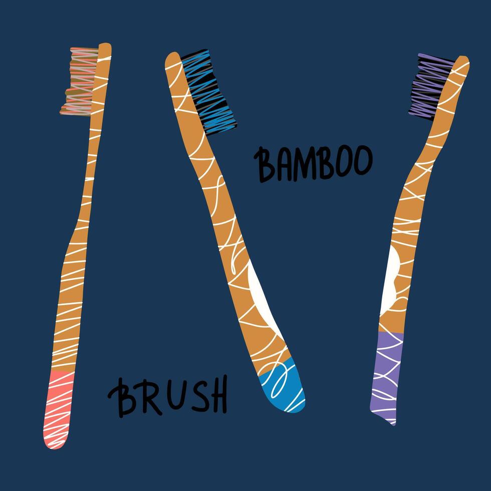 Bamboo tooth brushes set. Vector illustration.