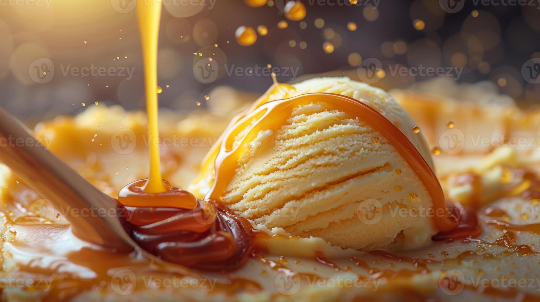 AI generated A stream of molten caramel pouring over a scoop of vanilla ice cream photo