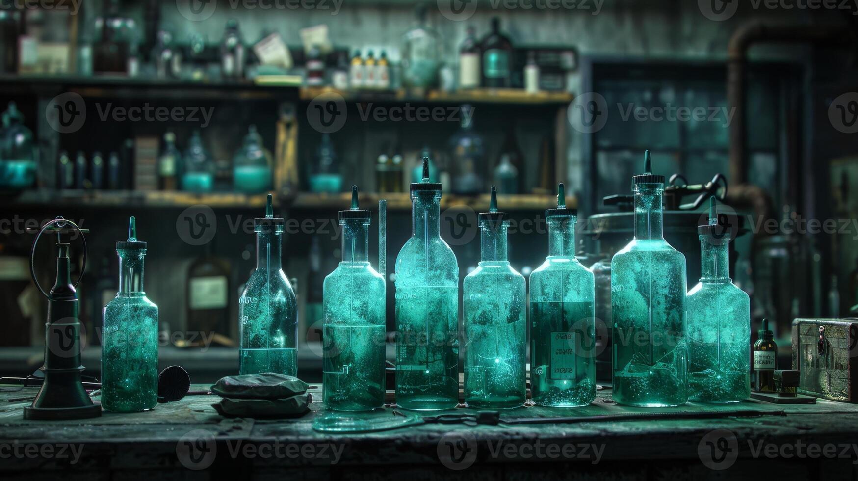 AI generated Mysterious glowing chemical vials in a shadowy lab photo