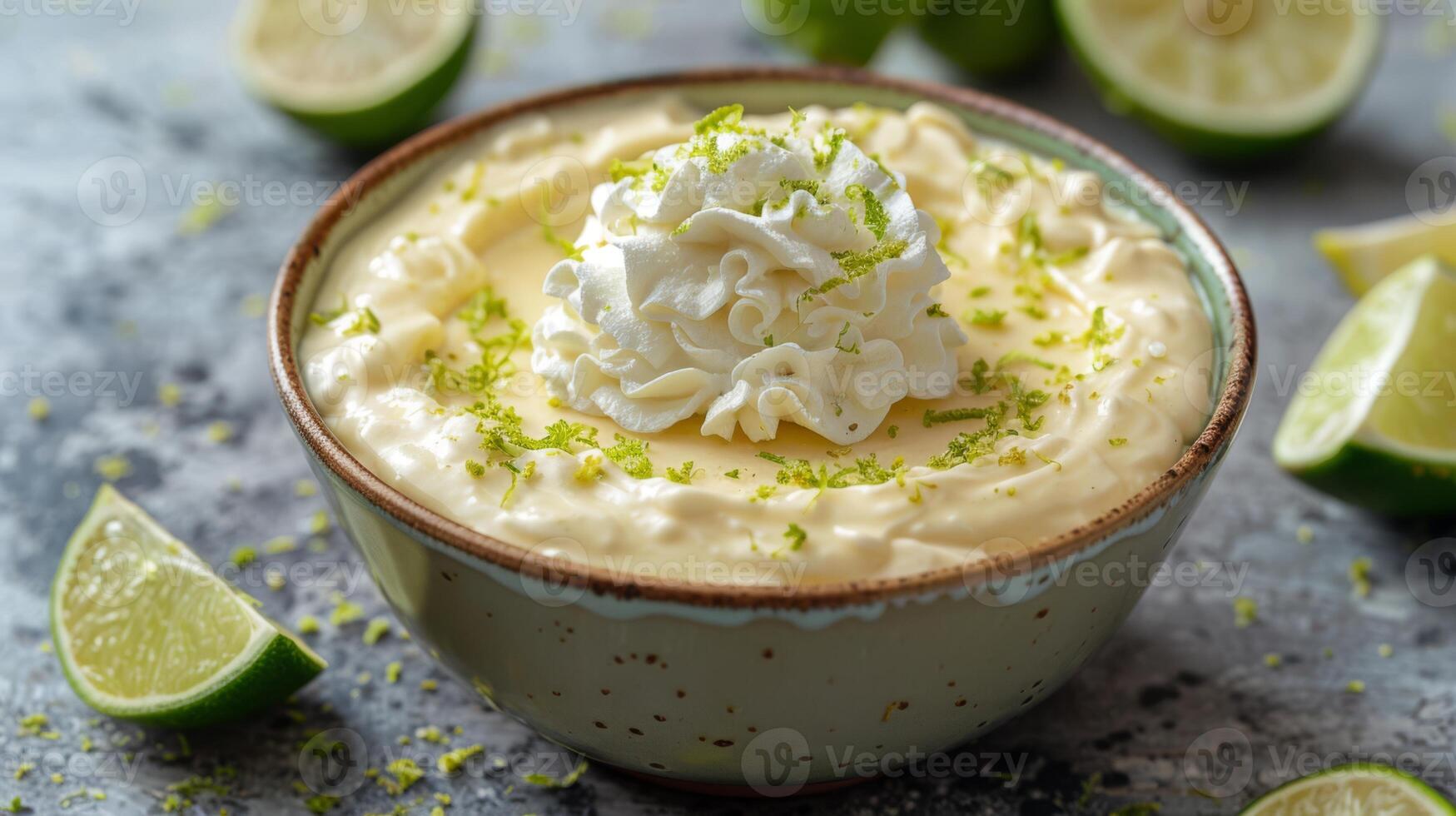 AI generated A bowl of key lime pie with whipped cream and lime zest photo