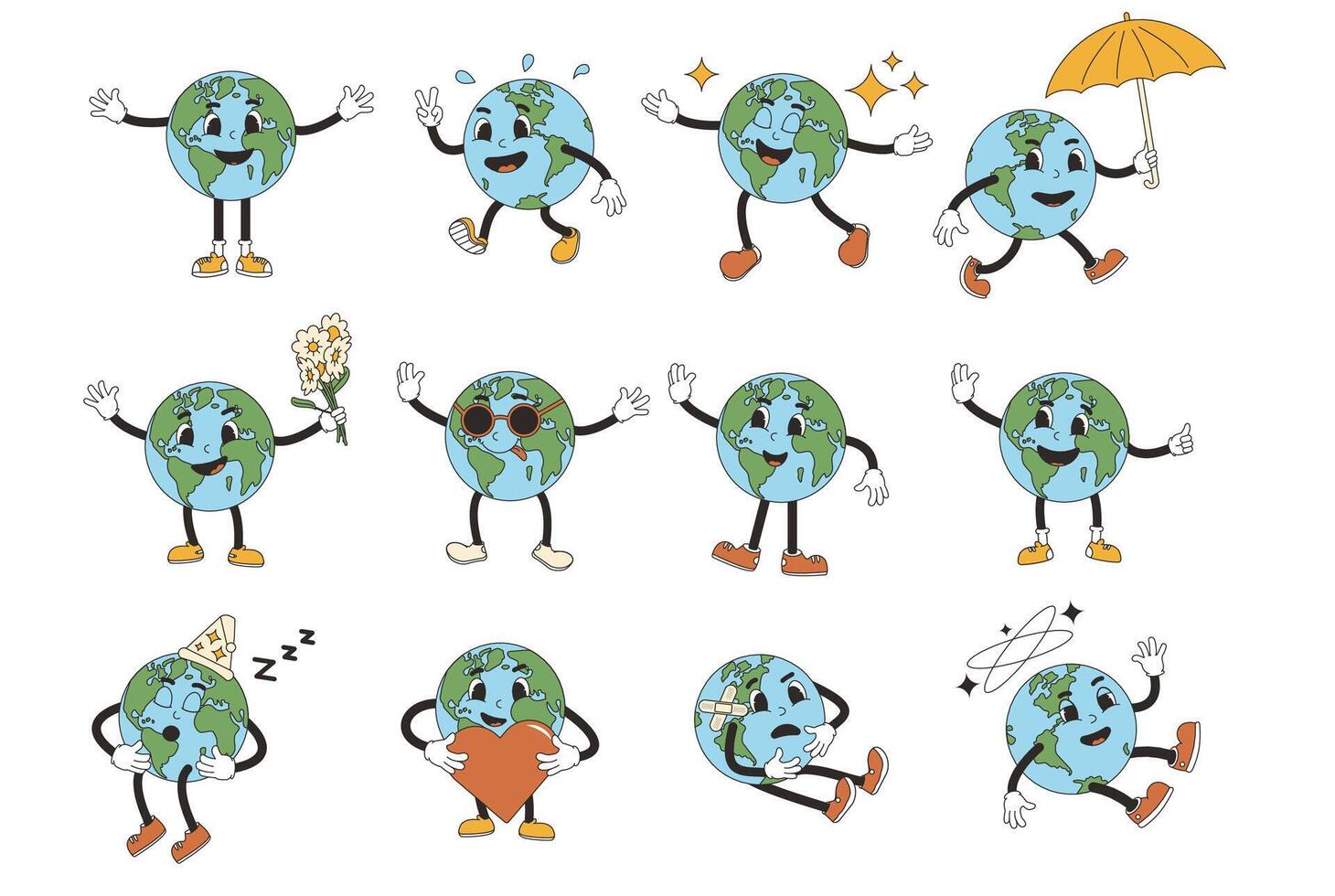 Earth in rubber hose style. Cute planet characters set isolated on white background. Retro mascots collections. Vector globe illustration.