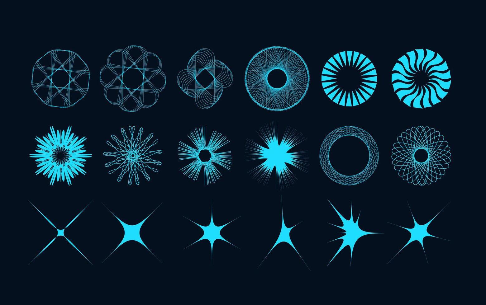 Futuristic abstract elements set. Collection of y2k shapes for nostalgic design. Group of sparkles and different figures. Vector illustration.