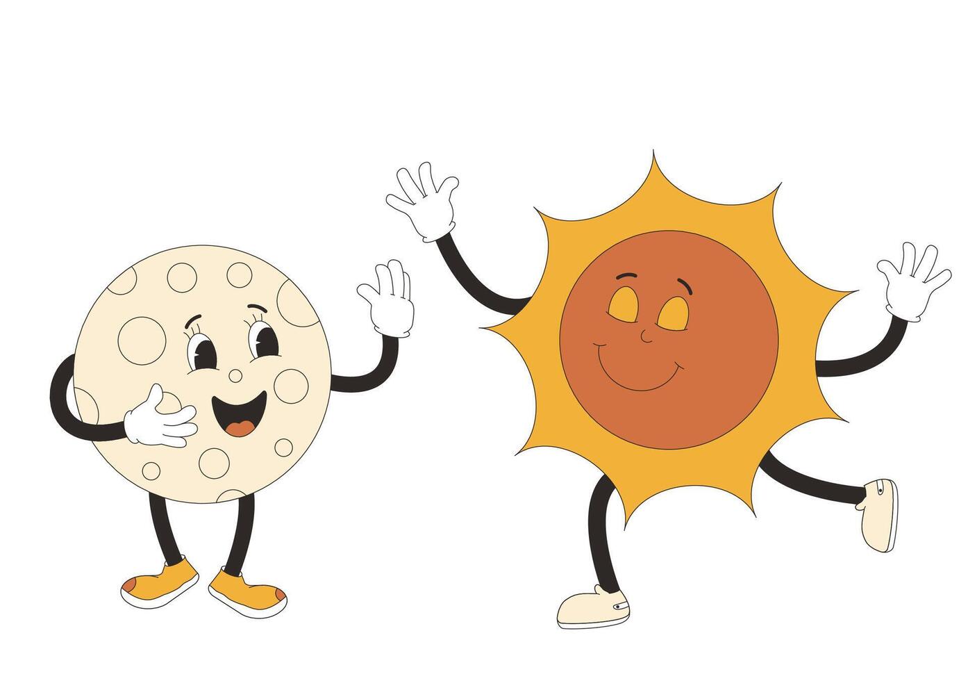 Moon and sun cartoon characters in retro style. Smiling comic characters isolated on white background. Vector illustration.