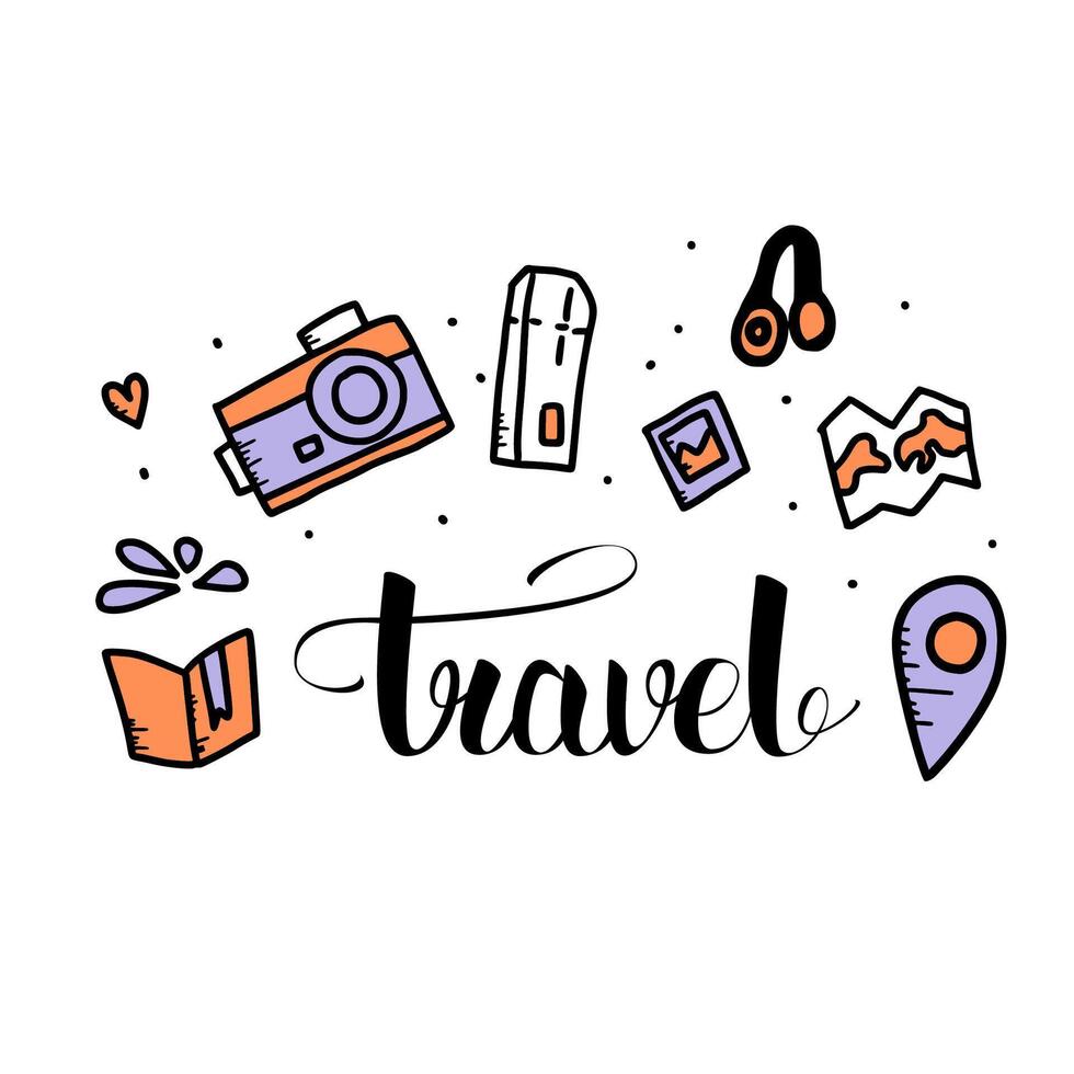 Set of travel doodle symbols in vector. vector