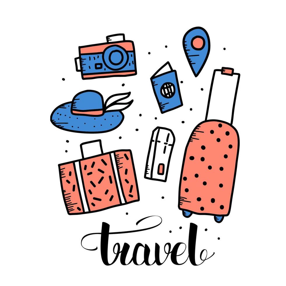 Set of travel doodle symbols in vector. vector