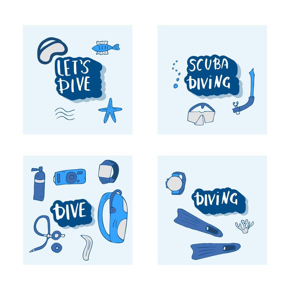 Scuba diving set of elements  and equipment. vector