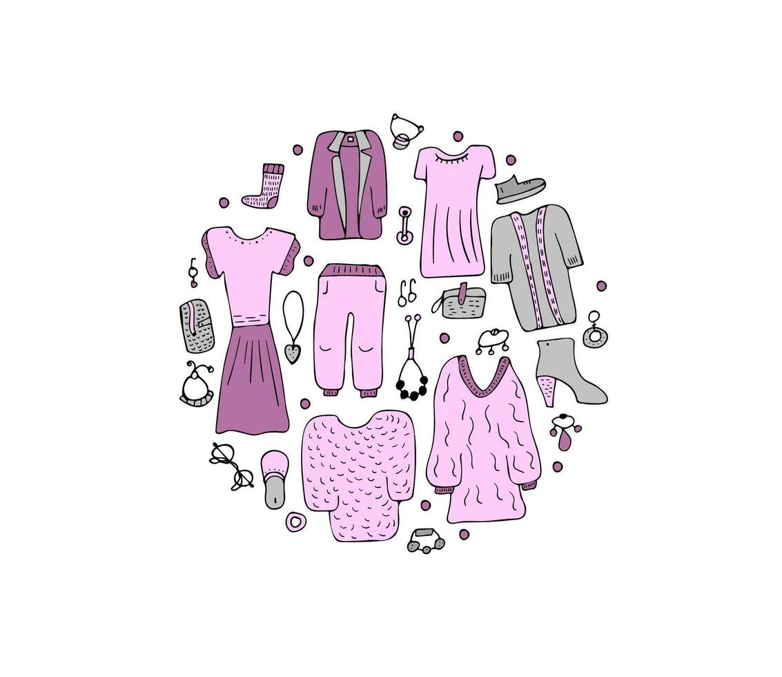 Woman clothes and accessories set in doodle style. vector