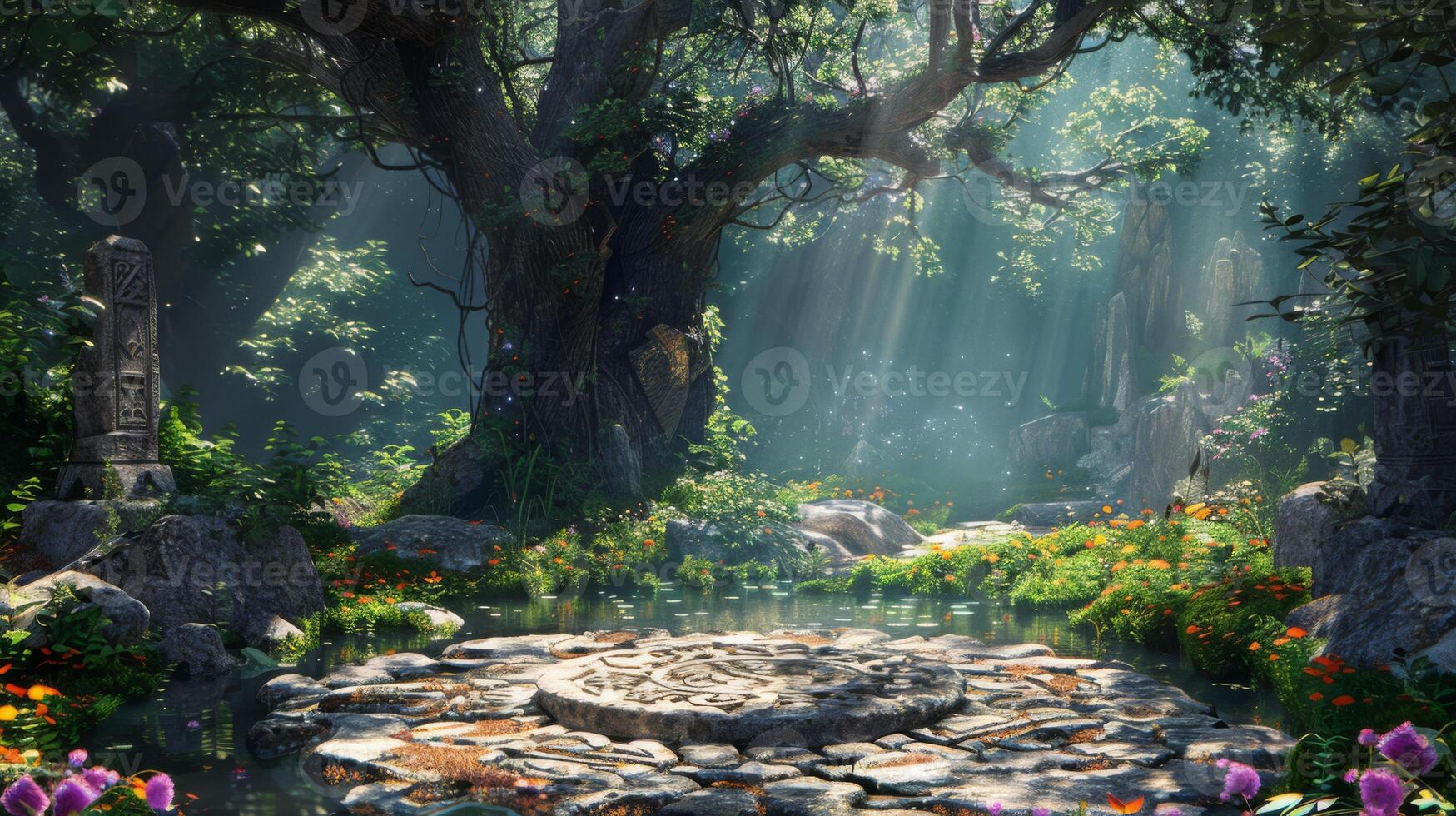 AI generated A hidden grove with a healing pond and ancient runes, photo