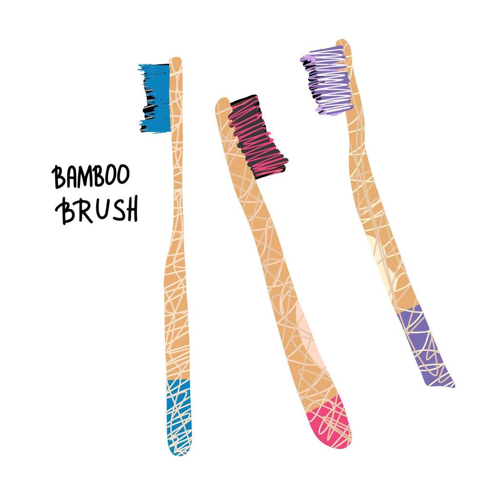 Bamboo tooth brushes set. Vector illustration.