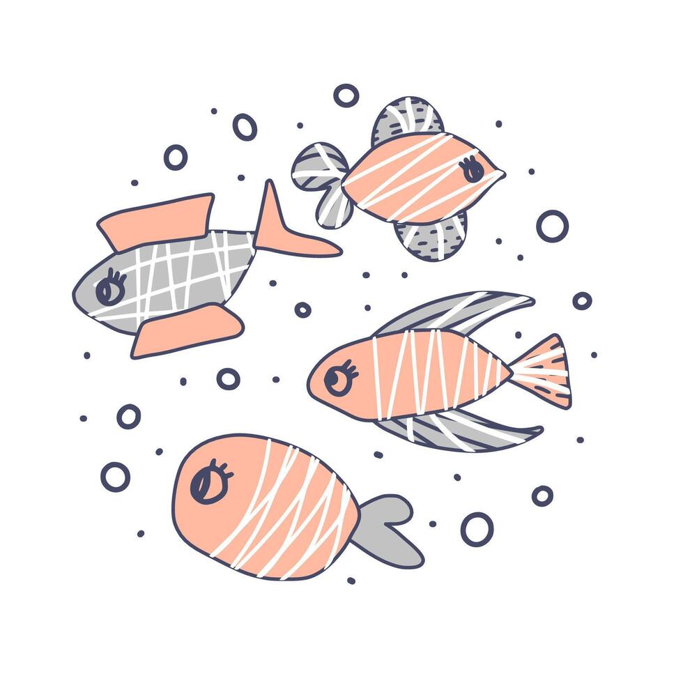 Vector fish collection isolated in doodle style.