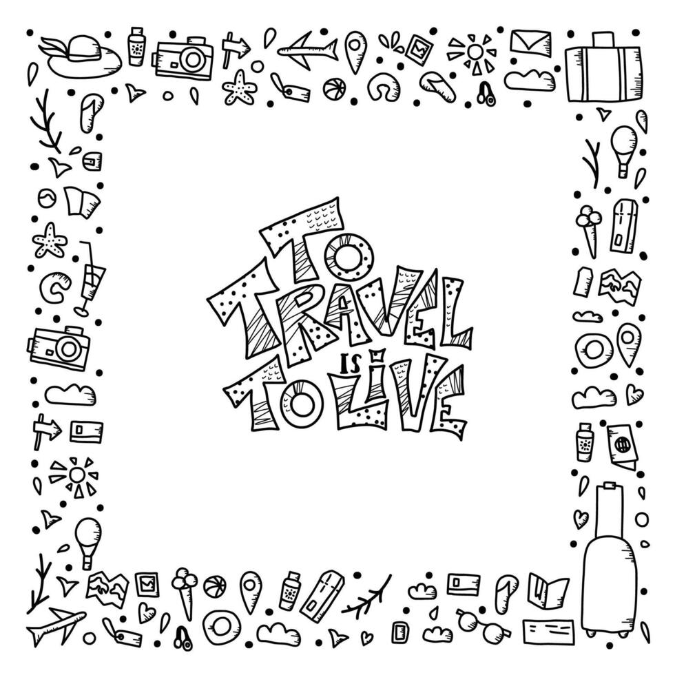 Travel quote with doodle symbols in vector. vector