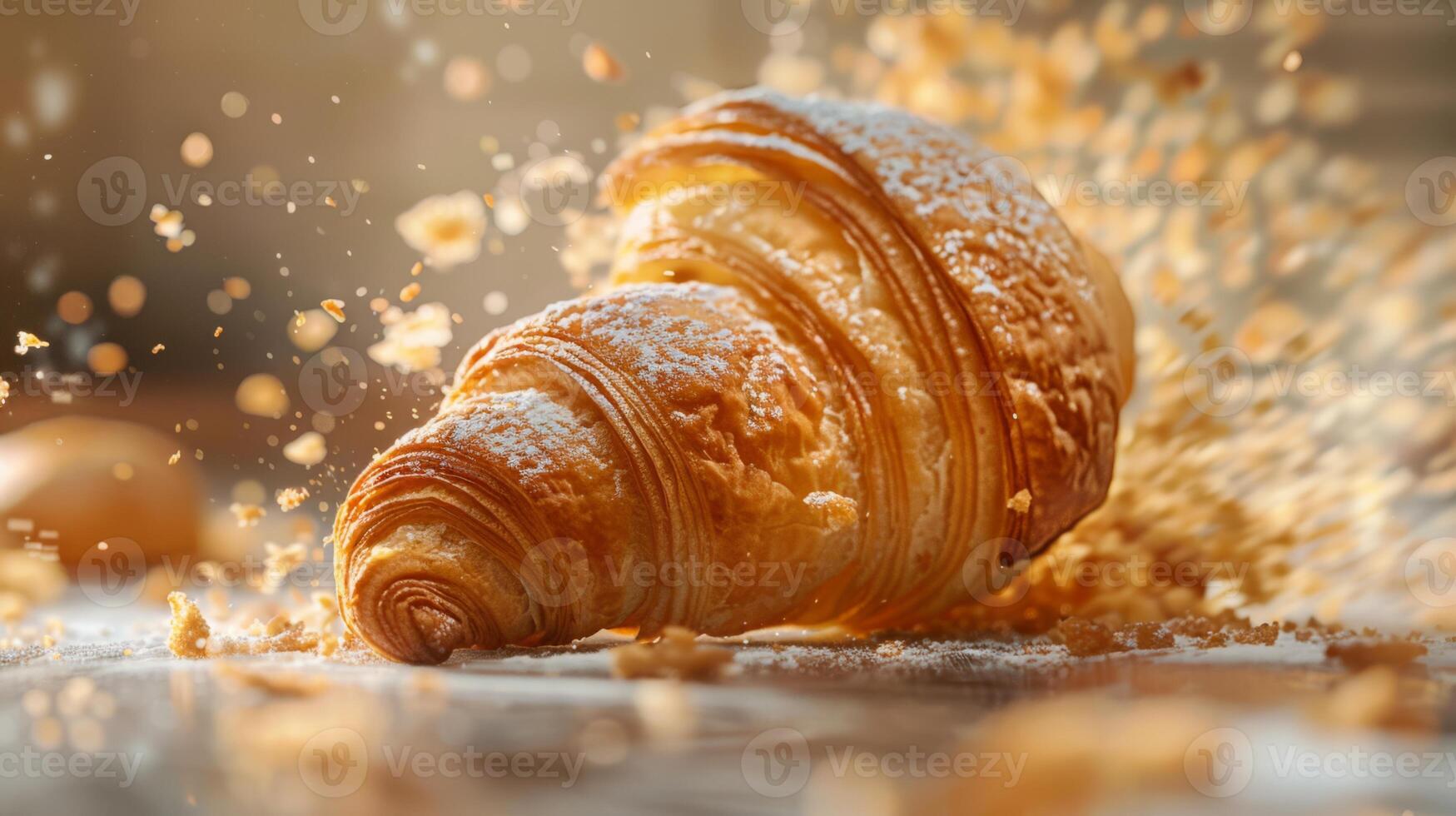 AI generated A flaky, buttery croissant being torn apart, with crumbs flying photo